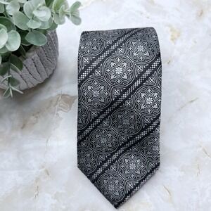 NWOT Angelo Galasso Mens Silk Necktie Black Grey Jacquard Print 3 5/8" x 62 1/2"